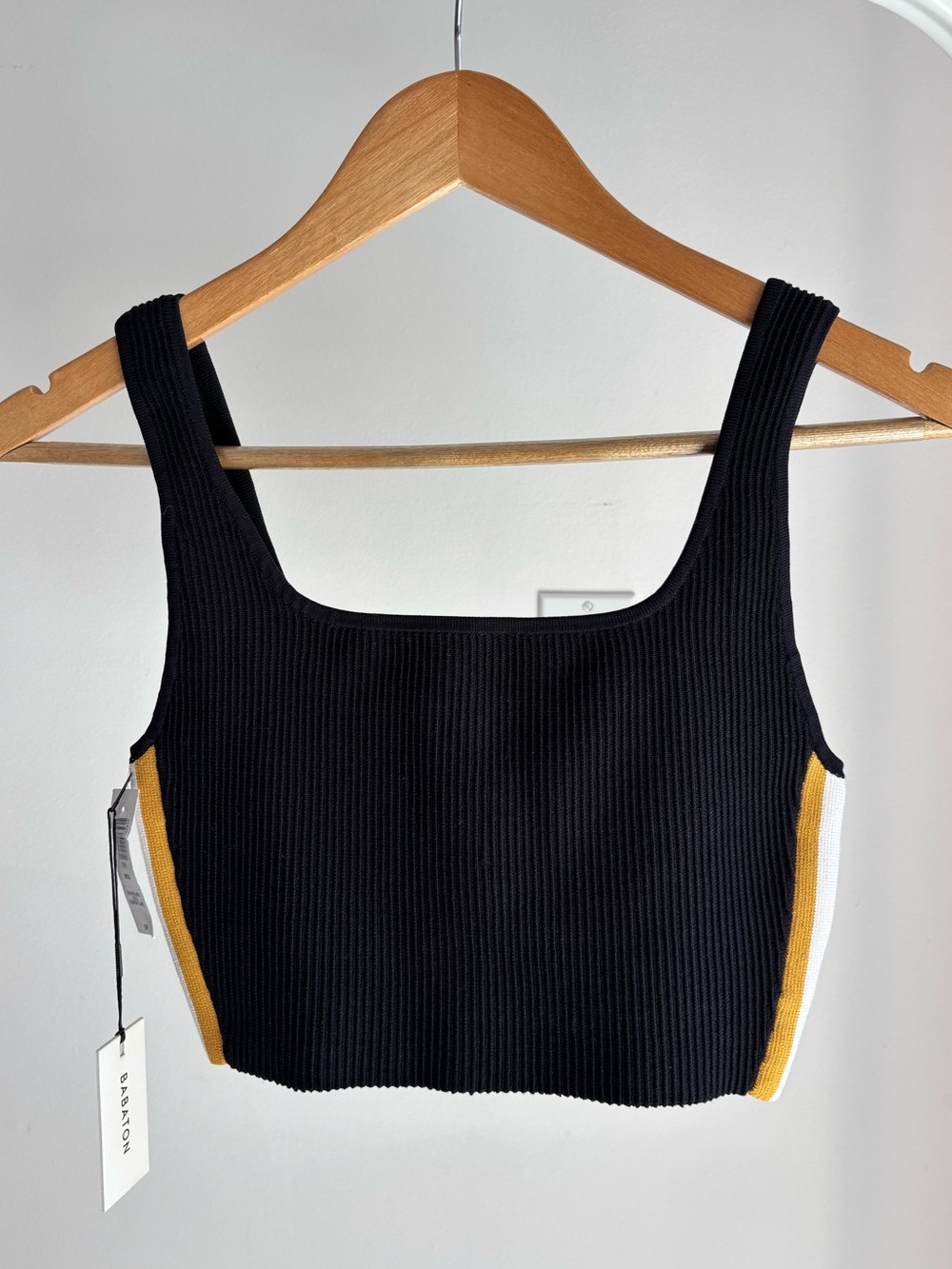 BABATON Mosi Black Ribbed Crop Top with Gold & White Side Stripes Size S